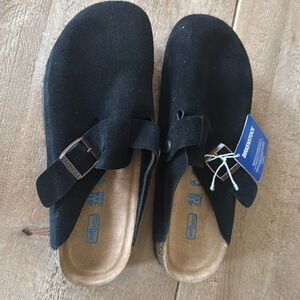 Birkenstock black suede clogs
